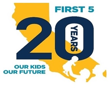 First 5 celebrates 20 years logo - family holding child in air with California state in background